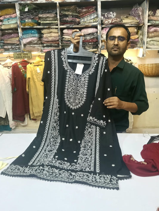 Premium Black Pakistani Embroidered Co-ord Set for Women | White Floral Thread Work Dress