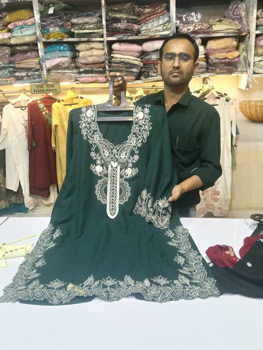 Premium Dark Green Pakistani Embroidered Co-ord Set for Women | White Floral Thread Work Suit
