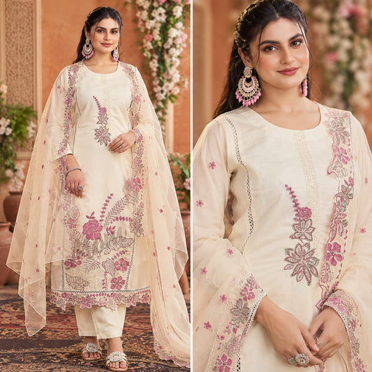 Cream White Floral Embroidered Suit Set with Pink Work and Dupatta for Women | Zakreen