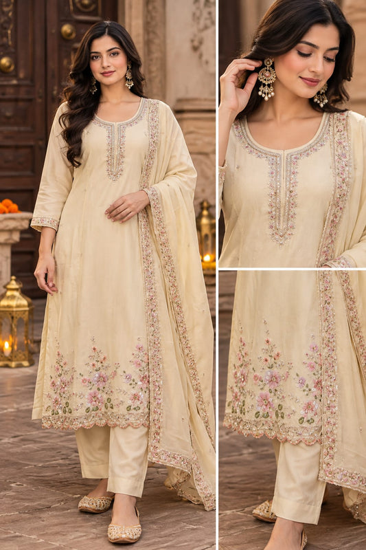 Cream Beige Floral Embroidered Straight Kurta Suit Set with Dupatta for Women | ZakreenCream Beige Floral Embroidered Straight Kurta Suit Set with Dupatta for Women | Zakreen