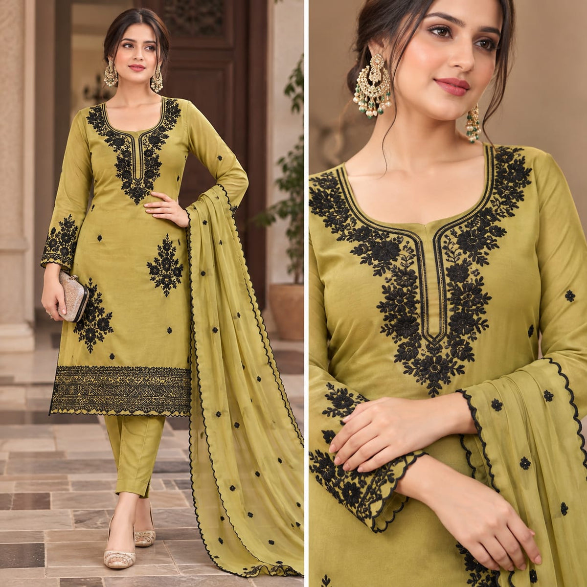 Olive Green Embroidered Suit Set with Dupatta for Women | Black Floral Work Designer Salwar Suit