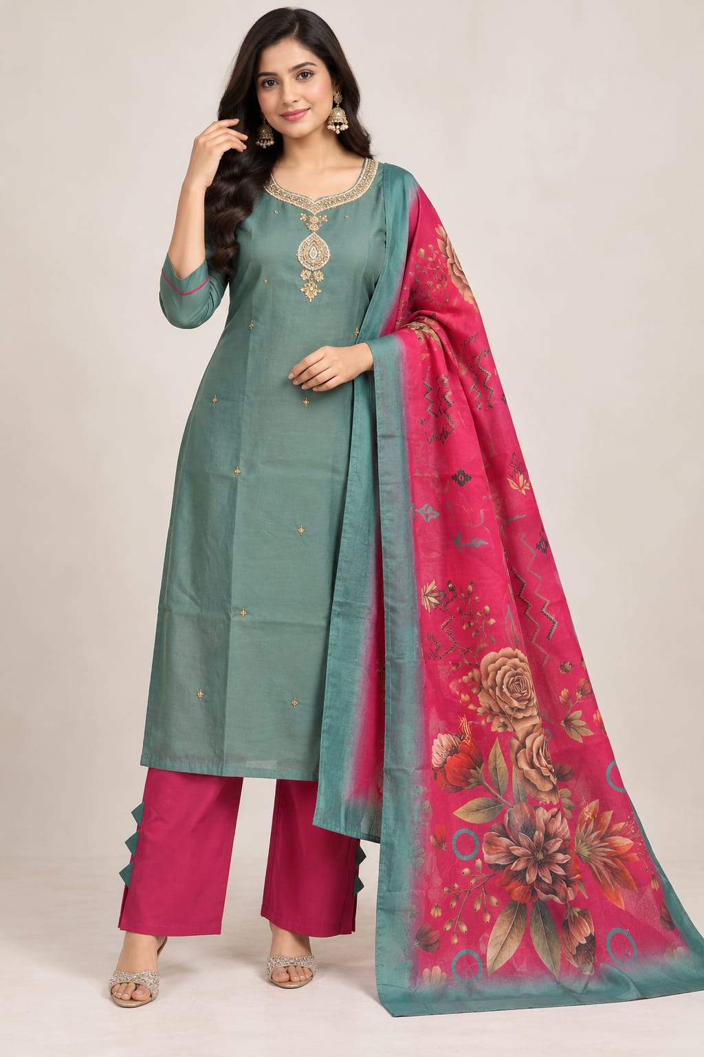 Teal Green Embroidered Kurta Palazzo Set with Rani Pink Floral Dupatta for Women | Zakreen
