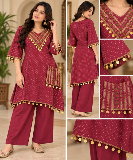 Maroon Embroidered Kurta Palazzo Set for Women with Golden Coin Tassel Detailing | Zakreen