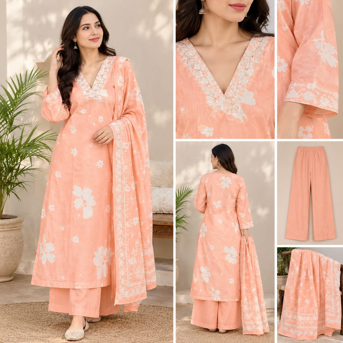 Peach Floral Printed Kurta Palazzo Set with Dupatta for Women | Zakreen