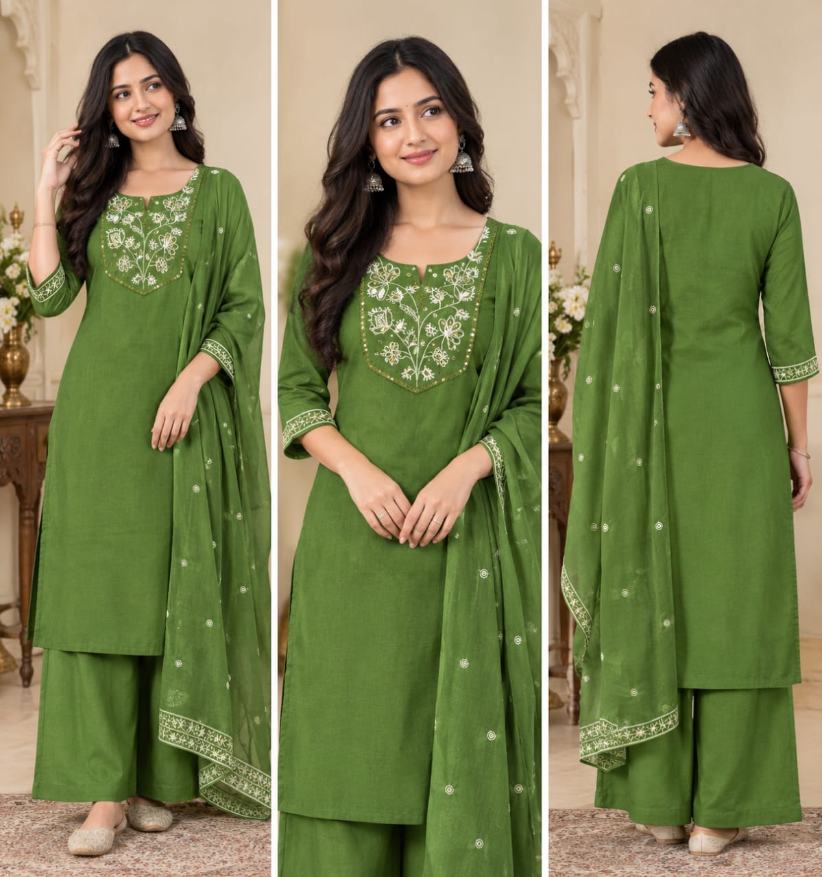 Olive Green Embroidered Kurta Palazzo Set with Dupatta for Women | Zakreen