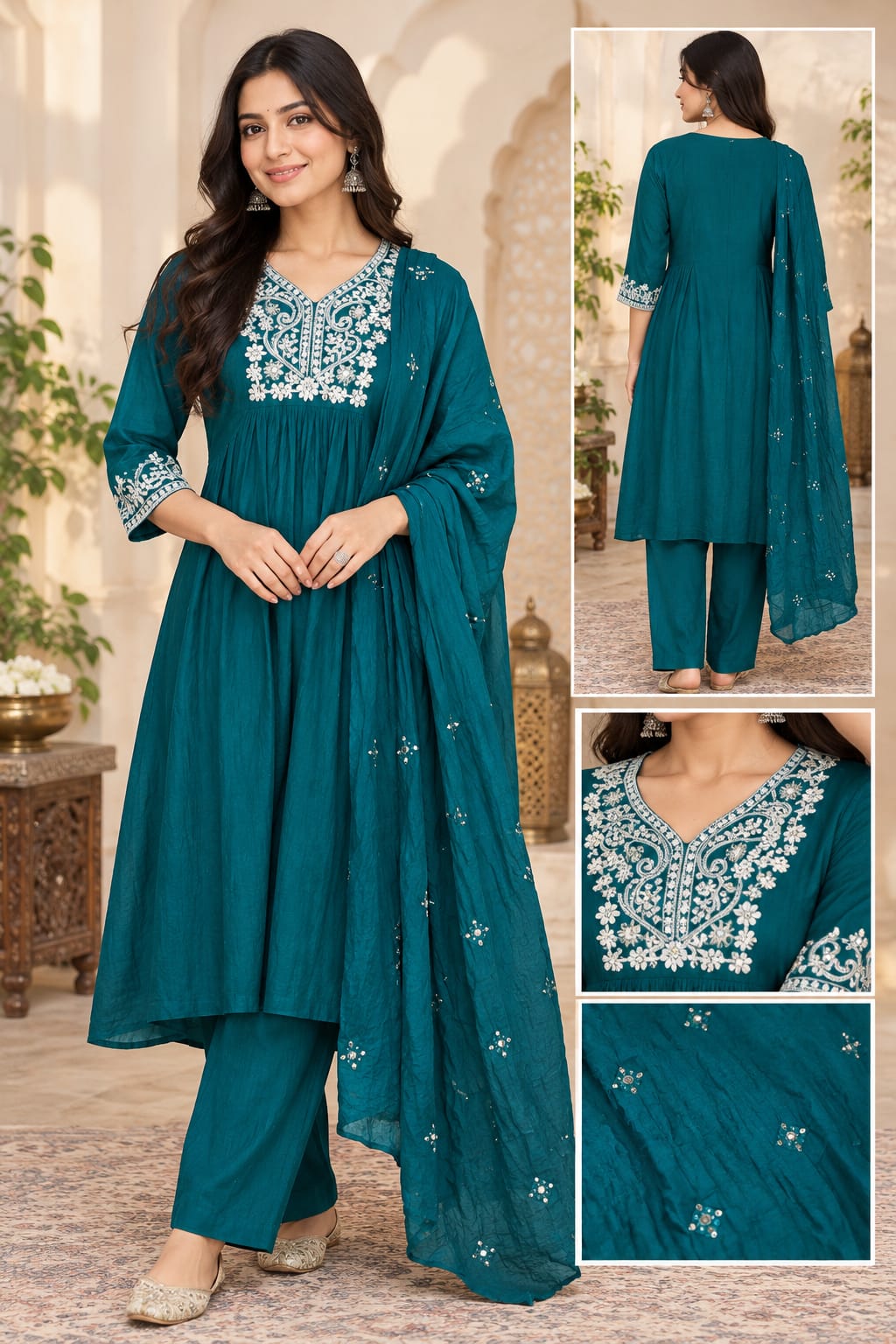 Women’s Teal Blue Embroidered Anarkali Kurta Set with Matching Pant & Dupatta