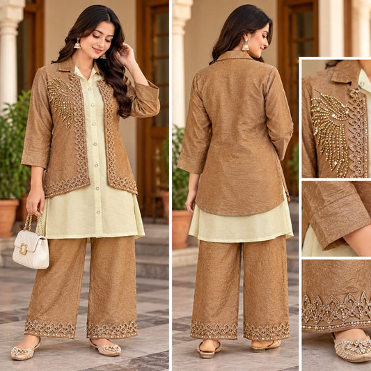 Brown Embroidered Jacket Kurta Palazzo Set for Women | Premium Ethnic Wear – Zakreen