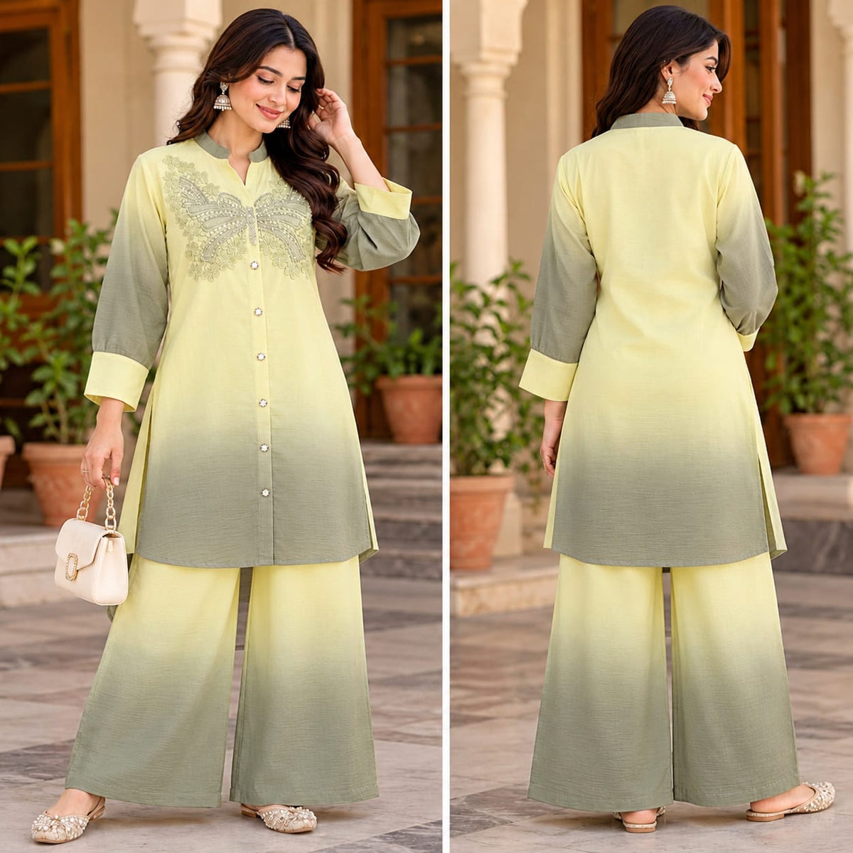 Lemon Yellow & Sage Green Embroidered Kurta Palazzo Set for Women | Zakreen