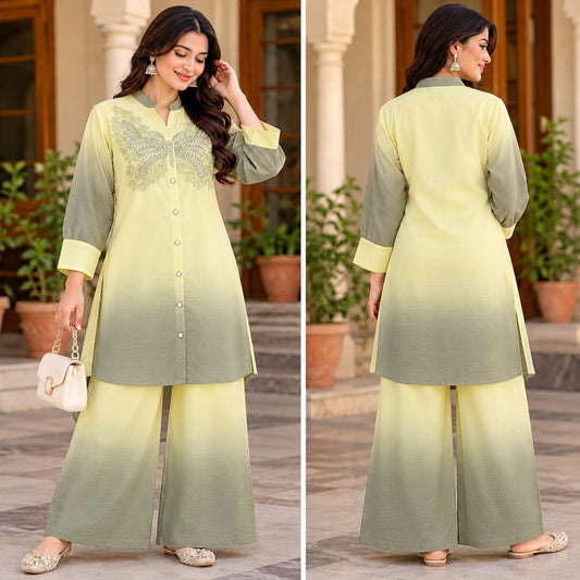 Lemon Yellow & Sage Green Embroidered Kurta Palazzo Set for Women | Zakreen