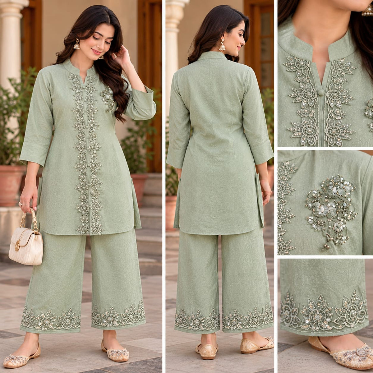 Sage Green Embroidered Kurta Palazzo Set for Women | Elegant Festive Wear – Zakreen