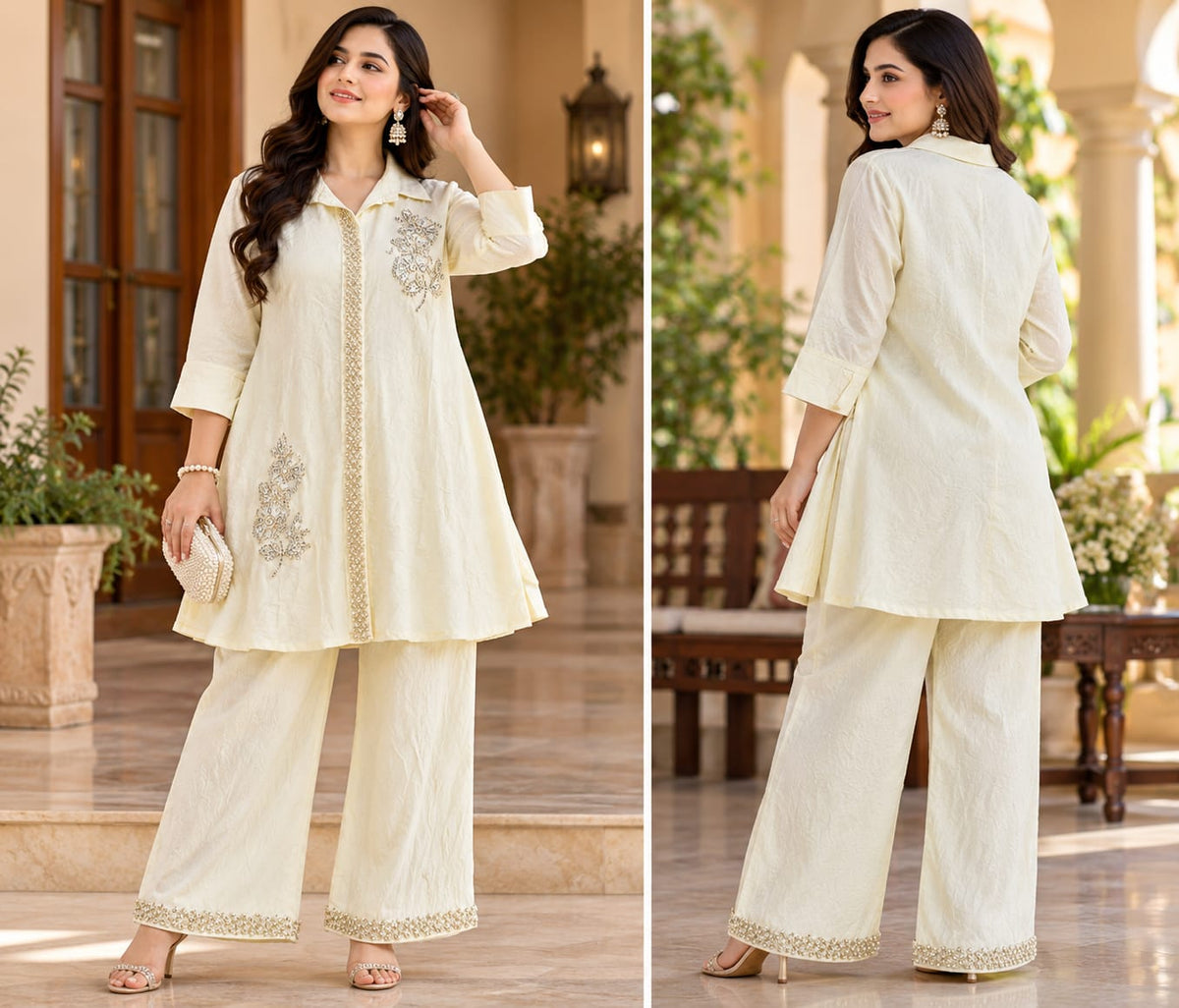 Cream White Embroidered Kurta Palazzo Set for Women – Elegant Ethnic Wear | Zakreen