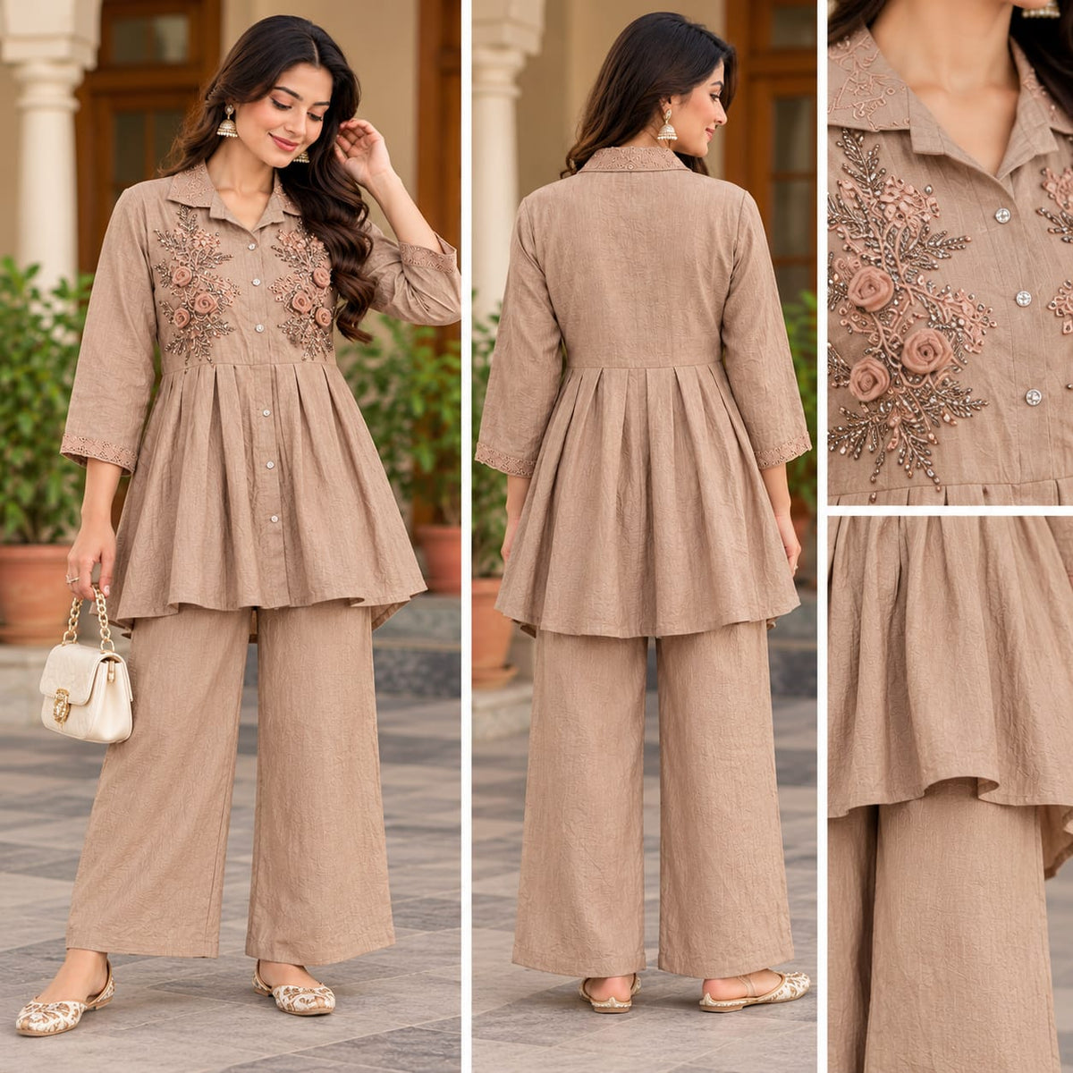 Taupe Brown Embroidered Flared Kurta Palazzo Set for Women | Elegant Ethnic Wear – Zakreen