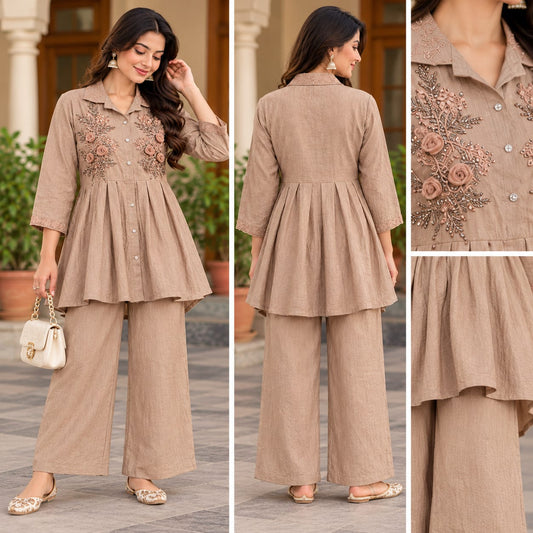 Taupe Brown Embroidered Flared Kurta Palazzo Set for Women | Elegant Ethnic Wear – Zakreen