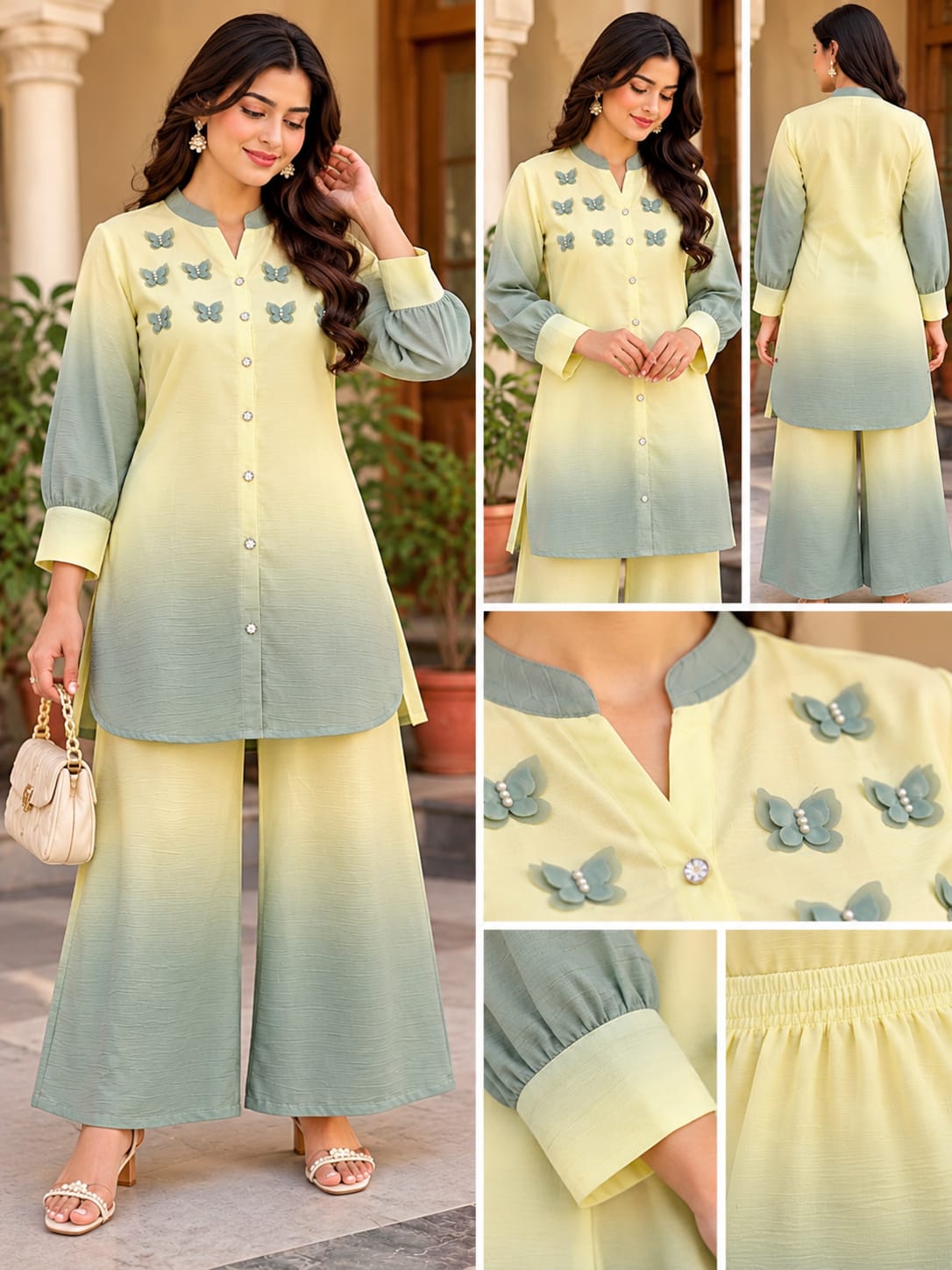 Yellow & Sage Green Butterfly Embellished Kurta Palazzo Set for Women