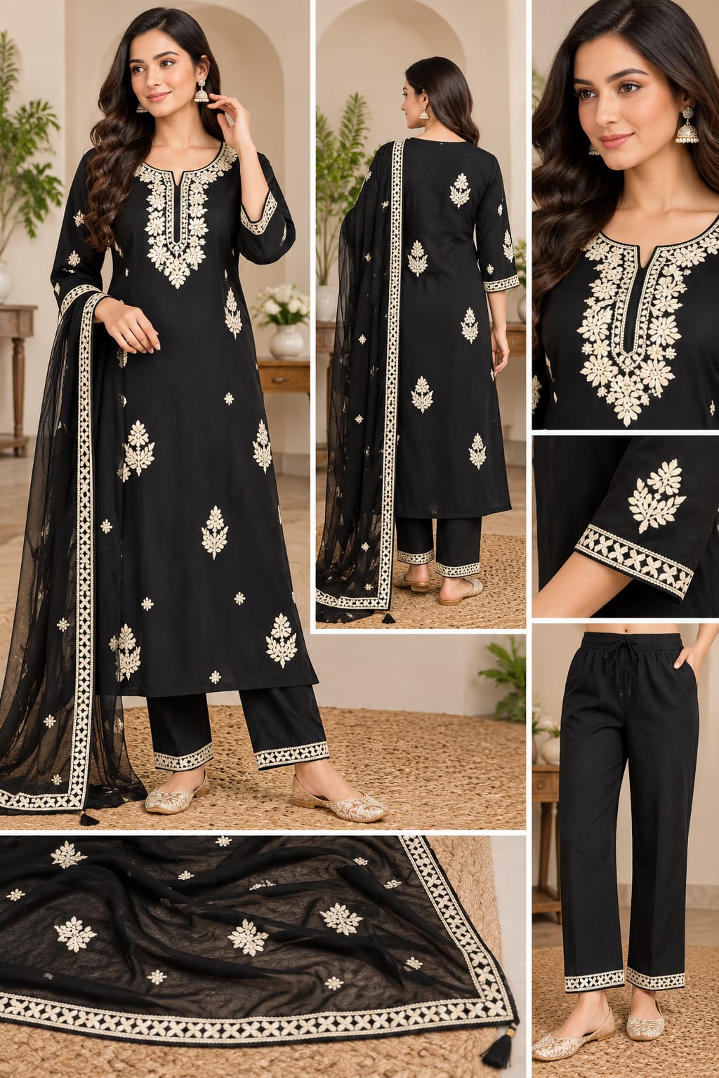 Black Embroidered Kurta Pant Set with Dupatta for Women | Elegant Ethnic Wear