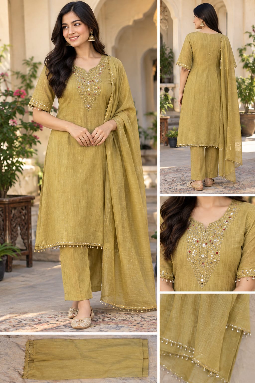Olive Green Embroidered Kurta Pant Set with Dupatta for Women