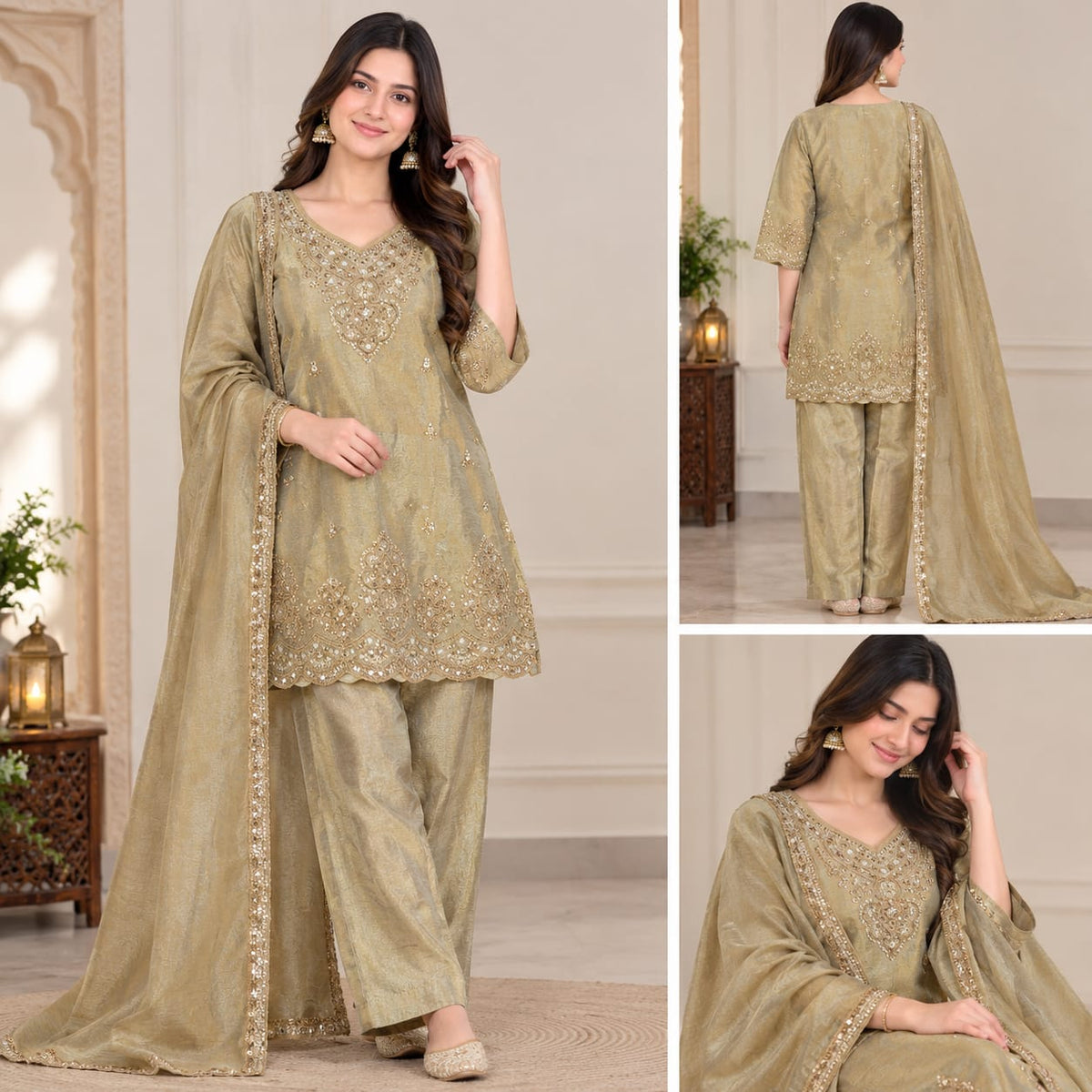 Golden Beige Embroidered Palazzo Suit Set with Dupatta for Women