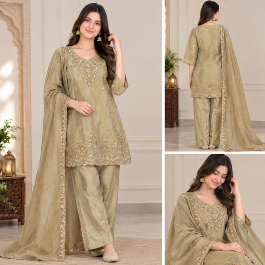 Golden Beige Embroidered Palazzo Suit Set with Dupatta for Women