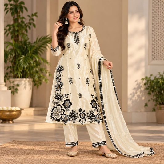 Cream and Black Floral Embroidered Kurta Pant Suit Set with Dupatta for Women