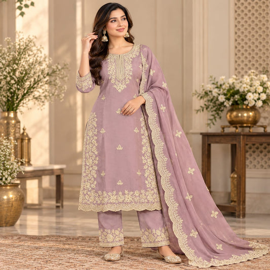 Mauve Purple Embroidered Palazzo Suit Set with Dupatta for Women