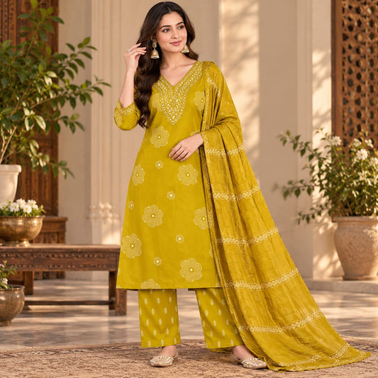 Mustard Yellow Printed Kurta Palazzo Suit Set with Dupatta for Women