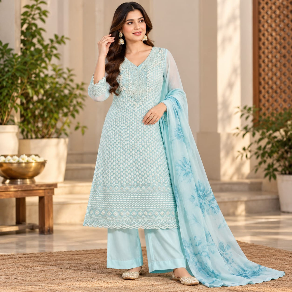 Sky Blue Embroidered Kurta Palazzo Set with Floral Printed Dupatta for Women
