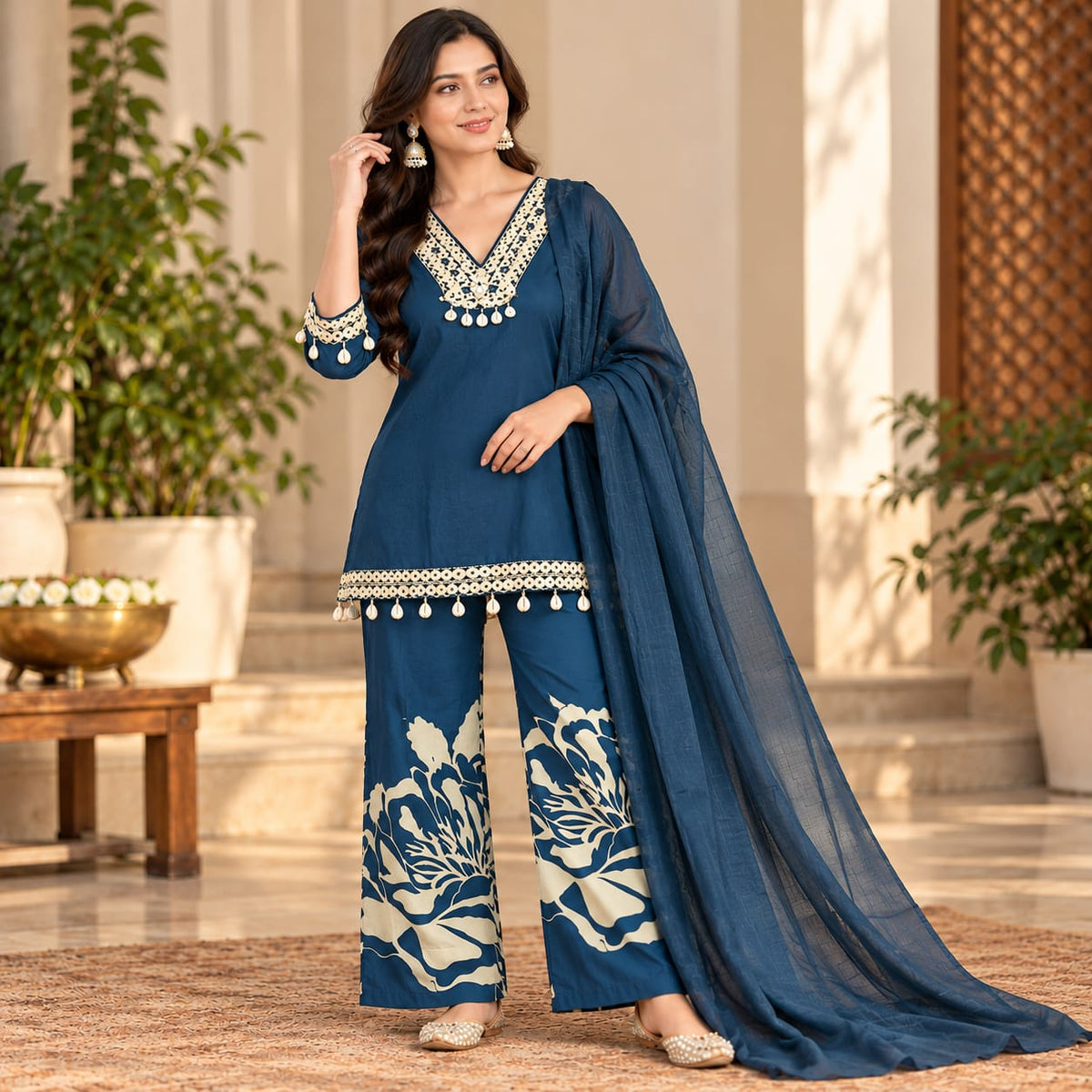 Navy Blue Floral Printed Palazzo Suit Set with Dupatta for Women