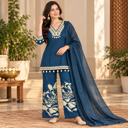 Navy Blue Floral Printed Palazzo Suit Set with Dupatta for Women