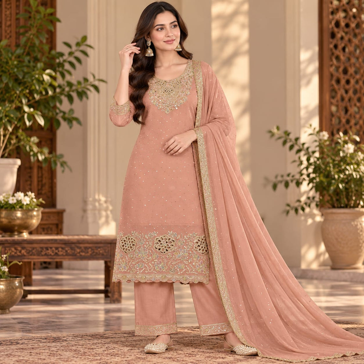 Peach Embroidered Palazzo Suit Set with Dupatta for Women