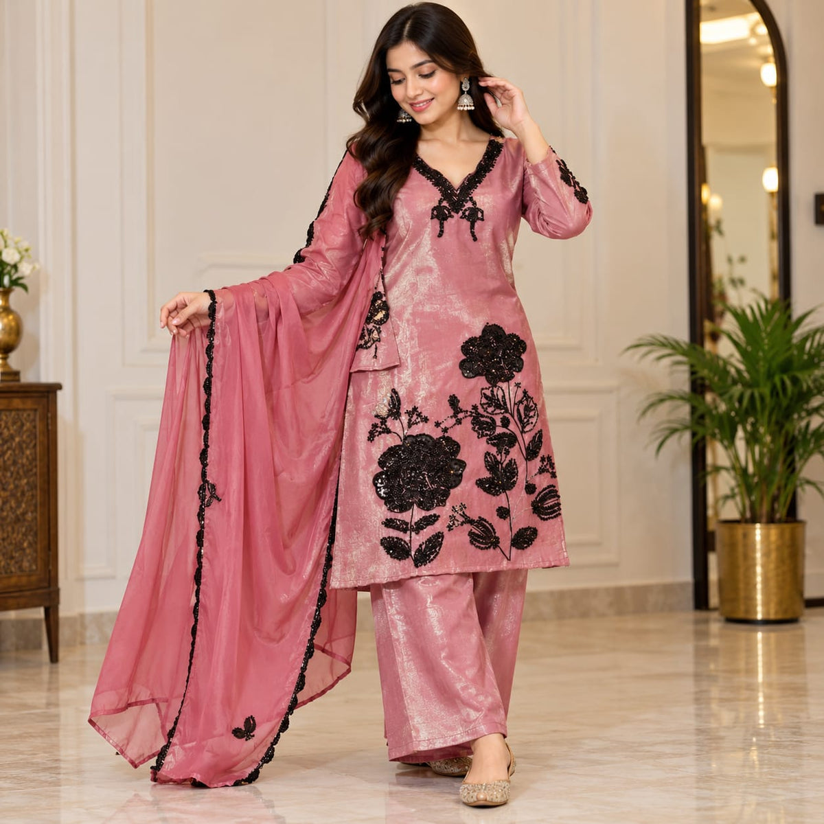 Pink Black Floral Embroidered Kurta Pant Set with Dupatta for Women | Zakreen
