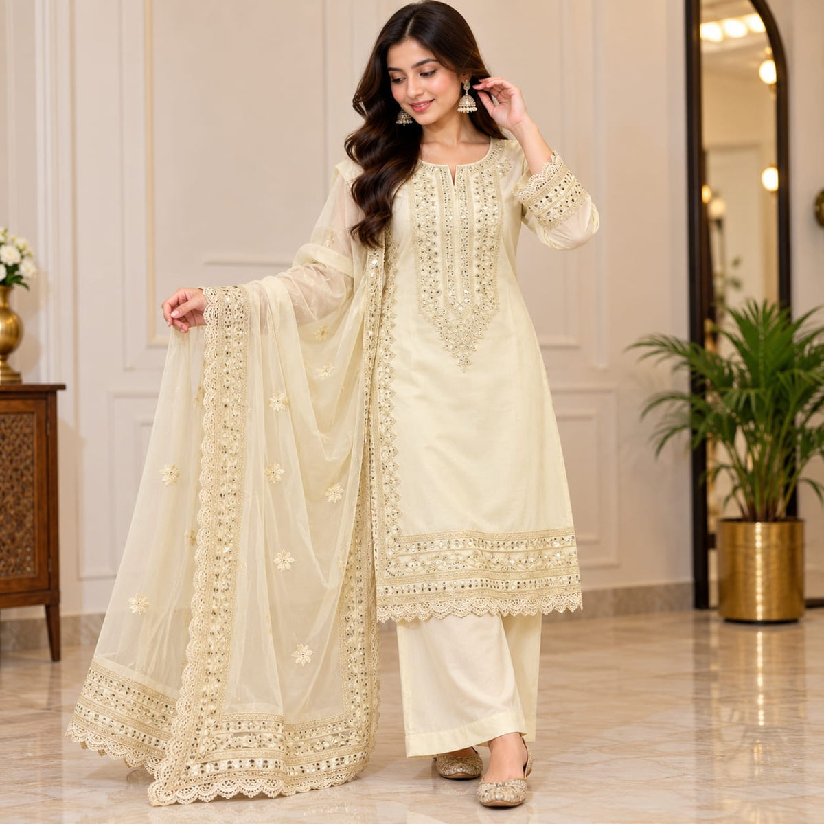 Elegant Cream Embroidered Kurta Pant Set with Lace Dupatta for Women