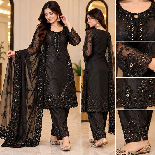 Black Floral Embroidered Kurta Pant Set with Dupatta for Women | Elegant Party Wear Suit