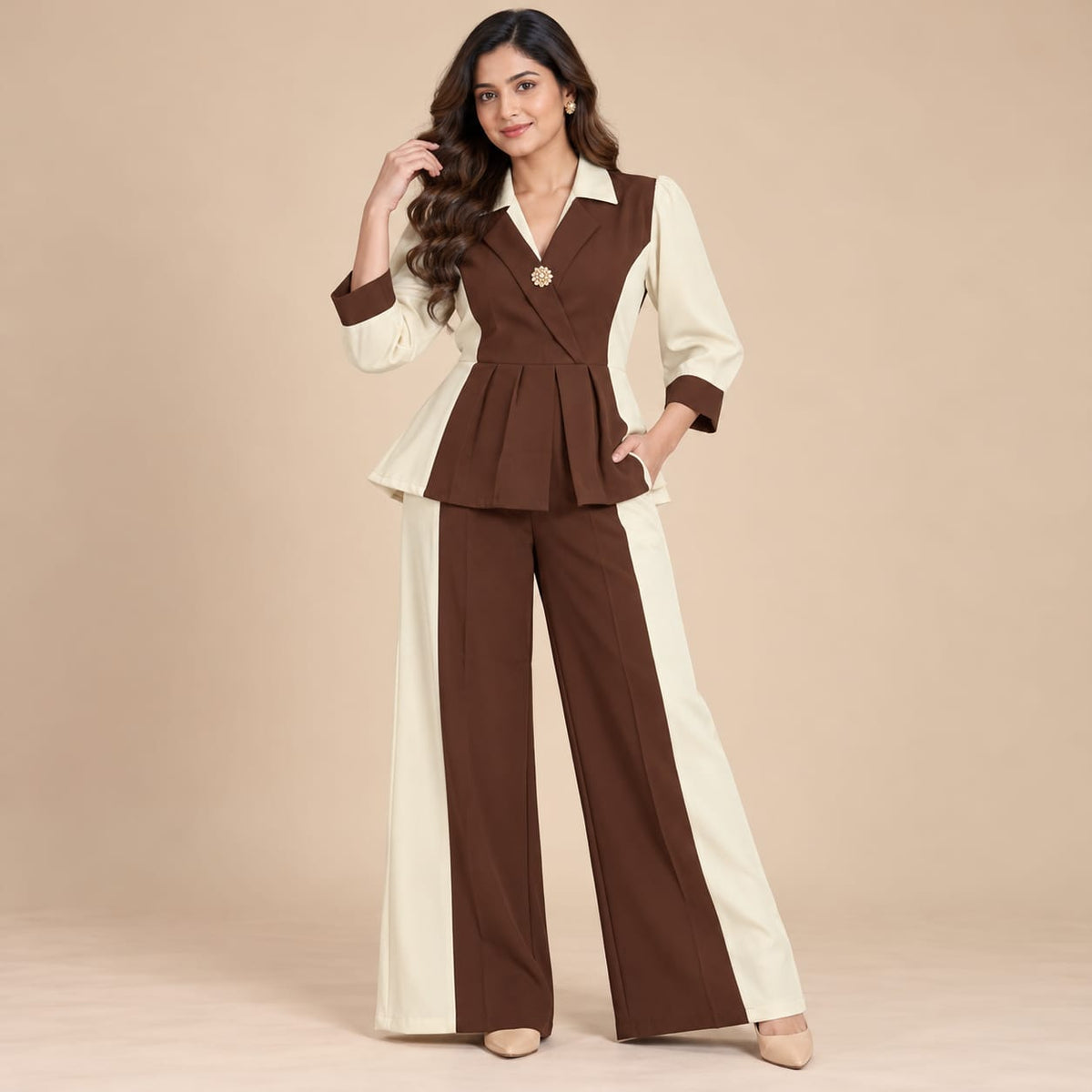 Women’s Korean Style Brown & Cream Co-Ord Set with Peplum Top & Wide-Leg Pants