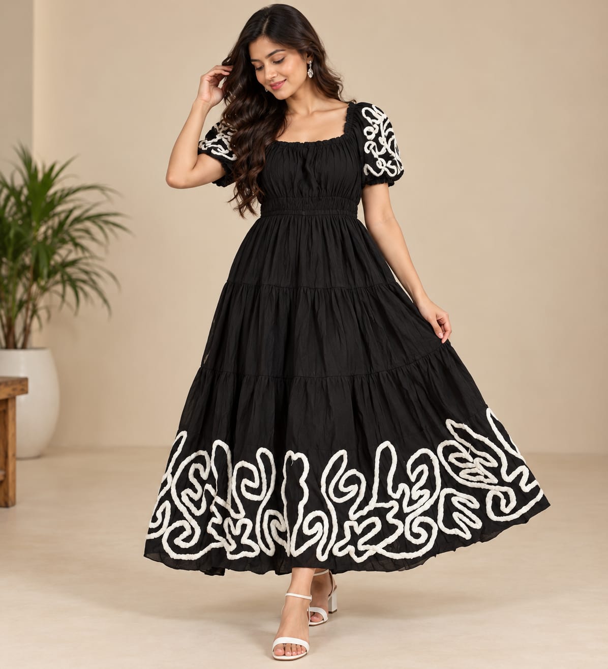 Korean Style Black Maxi Dress for Women with White Embroidered Border
