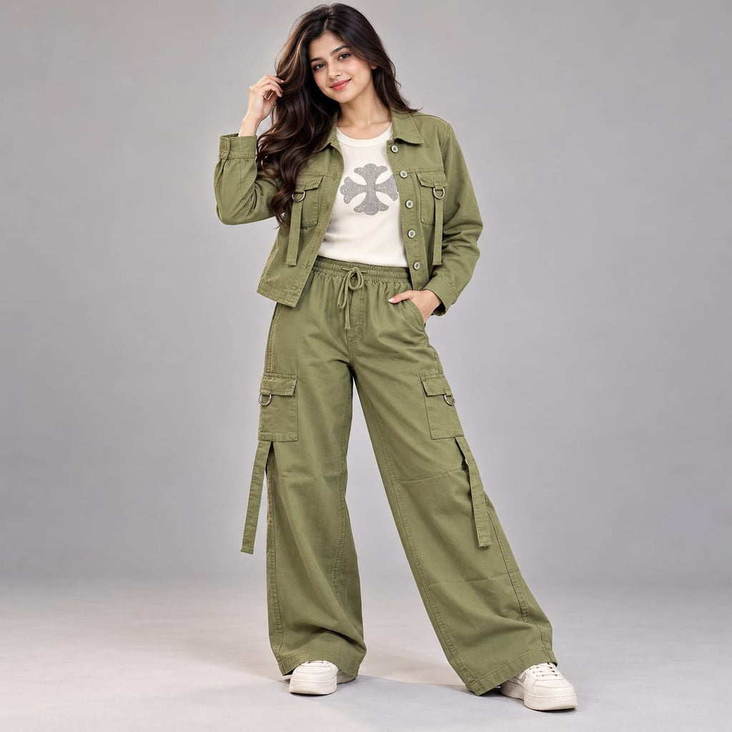 Korean Style Women’s Olive Green Cargo Co-Ord Set with Jacket & Wide-Leg Pants
