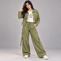 Korean Style Women’s Olive Green Cargo Co-Ord Set with Jacket & Wide-Leg Pants