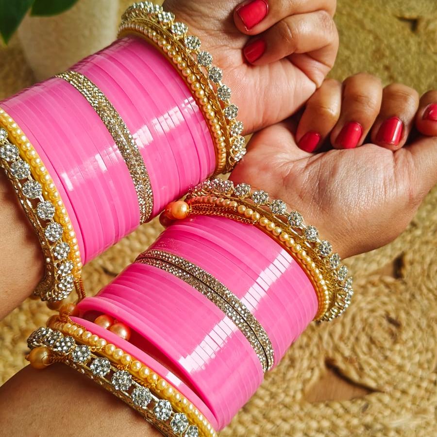 Zakreen Women's Designer Bridal Dulhan Pink Punjabi Chuda Bangle Set for Ladies