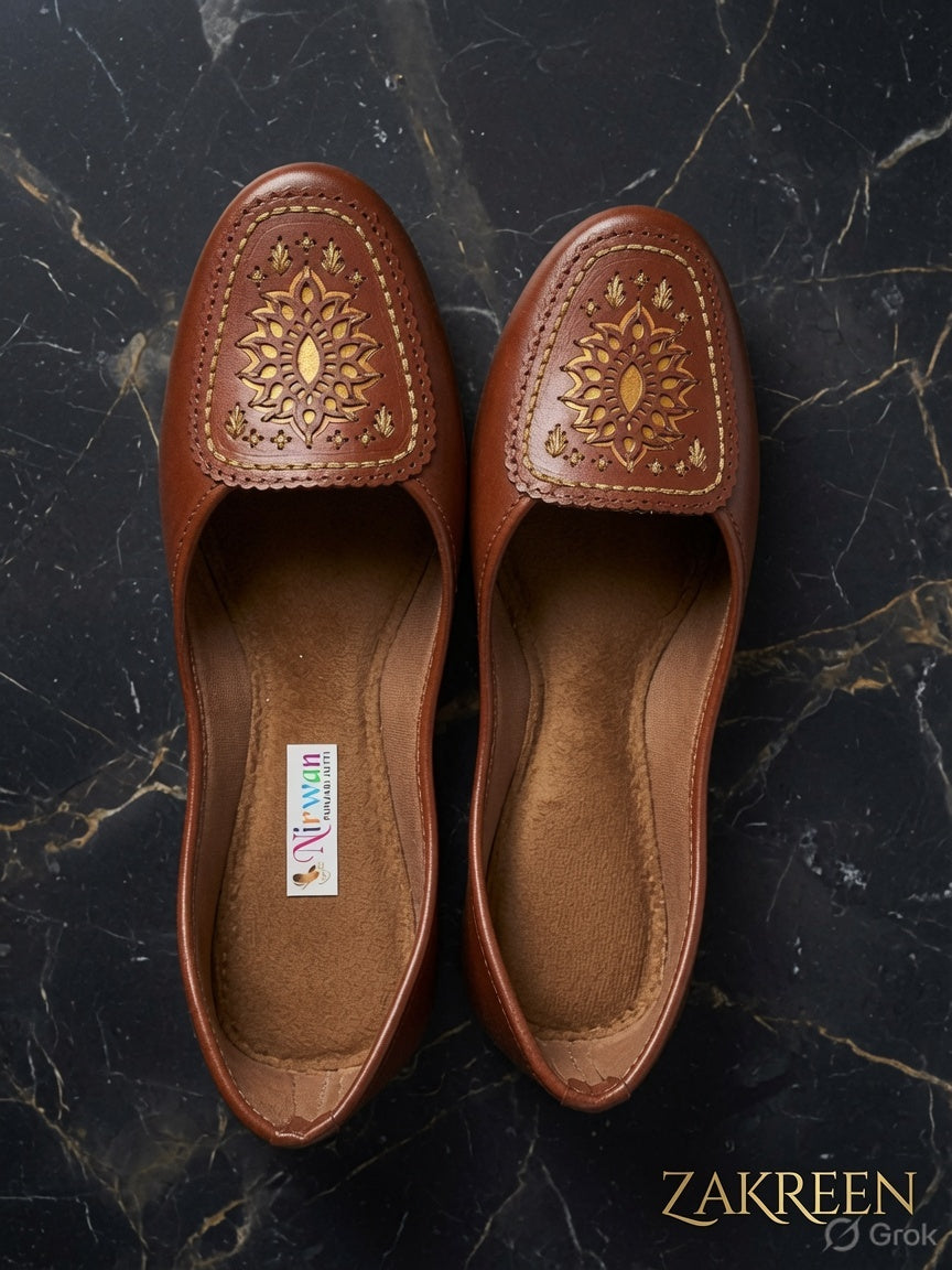 Zakreen Women's Brown Traditional Punjabi Jutti | Handcrafted Ethnic Flat Shoes for Daily & Festive Wear