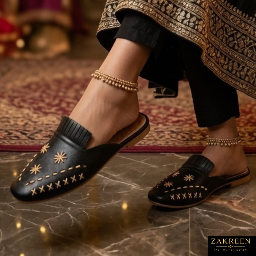 Zakreen Women's Black Handcrafted Ethnic Slip-On Mules | Comfortable Casual & Traditional Flats