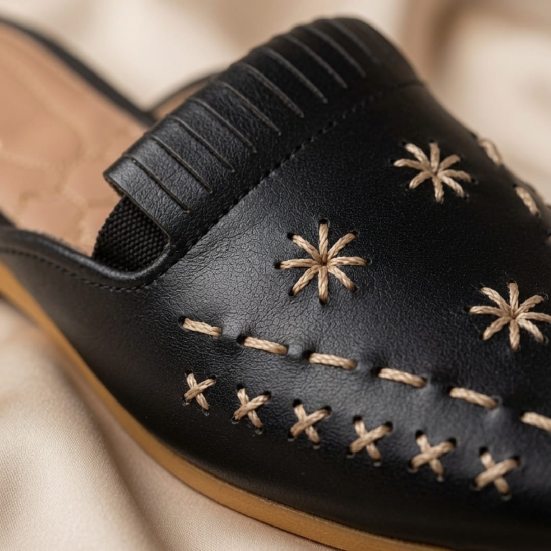 Zakreen Women's Black Handcrafted Ethnic Slip-On Mules | Comfortable Casual & Traditional Flats