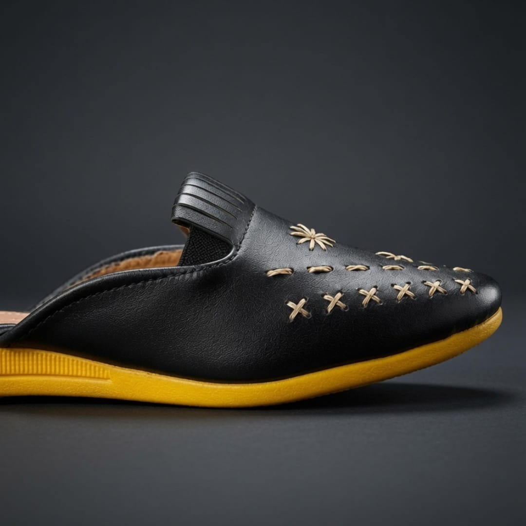 Zakreen Women's Black Handcrafted Ethnic Slip-On Mules | Comfortable Casual & Traditional Flats