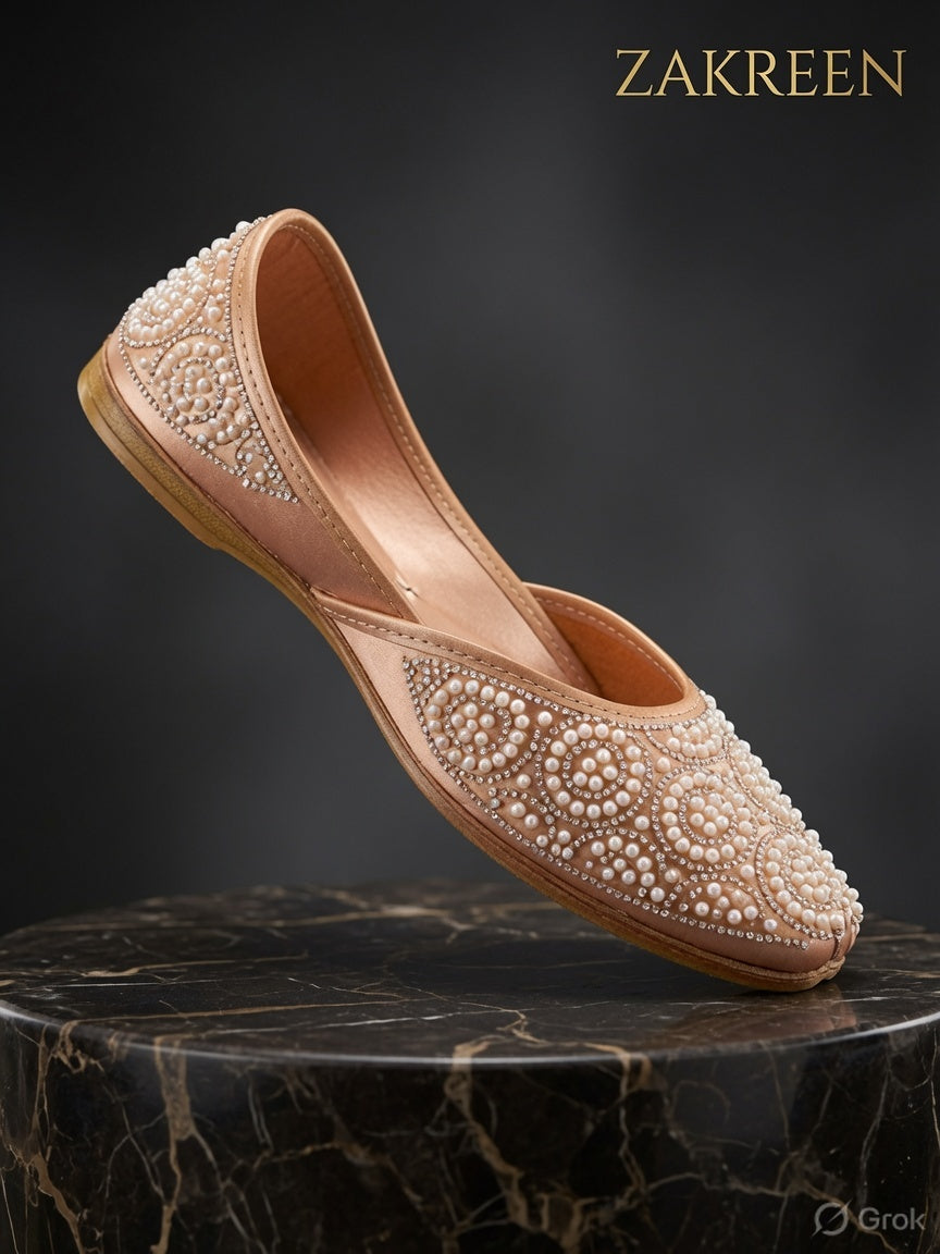 Zakreen Women's Pearl Embellished Ethnic Jutti Flats | Premium Designer Traditional Footwear