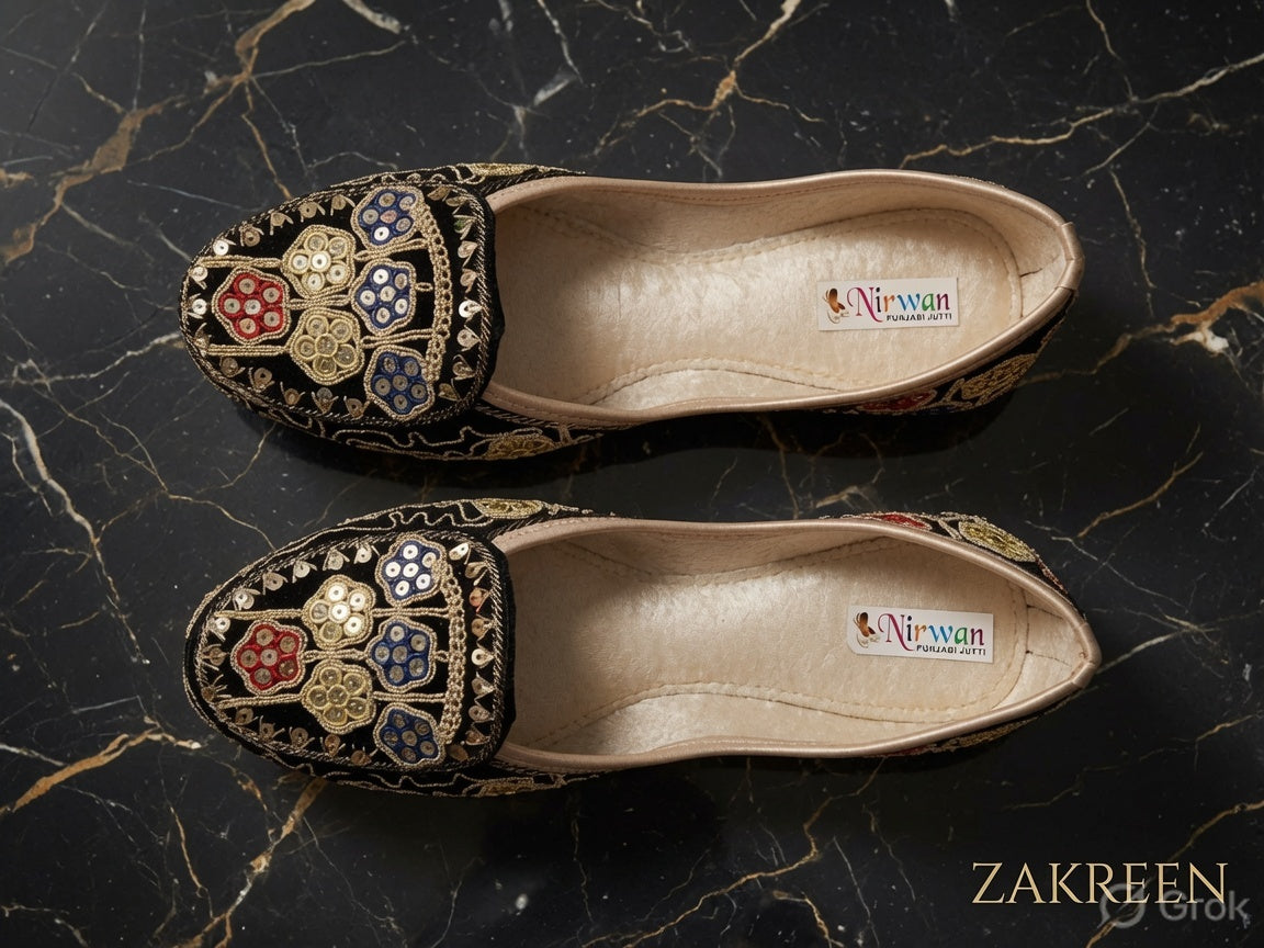Zakreen Women's Premium Black Embroidered Punjabi Jutti | Handcrafted Ethnic Flat Shoes