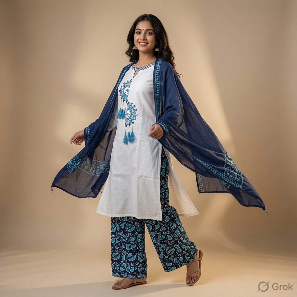 Zakreen White & Navy Blue Printed Kurta Palazzo Set with Dupatta for Women | Elegant Ethnic Wear