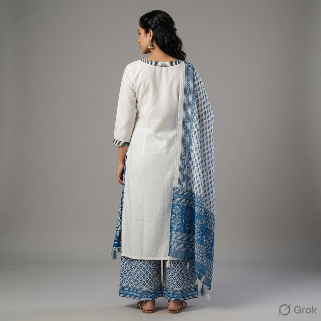Zakreen White & Navy Blue Printed Kurta Palazzo Set with Dupatta for Women | Elegant Ethnic Wear