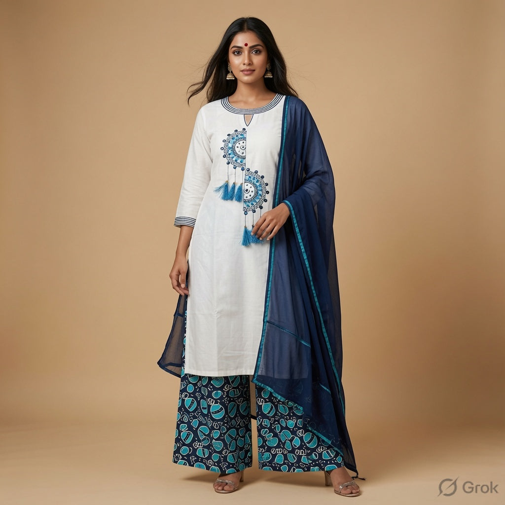 Zakreen White & Navy Blue Printed Kurta Palazzo Set with Dupatta for Women | Elegant Ethnic Wear
