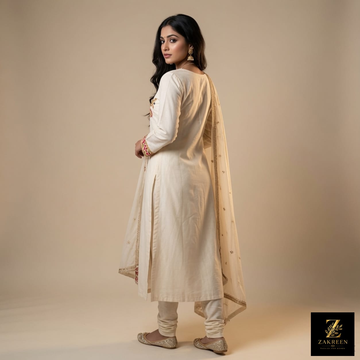 Zakreen Women's Off White Embroidered Kurta Palazzo with Dupatta Set | Elegant 3-Piece Ethnic Suit for Festive & Casual Wear