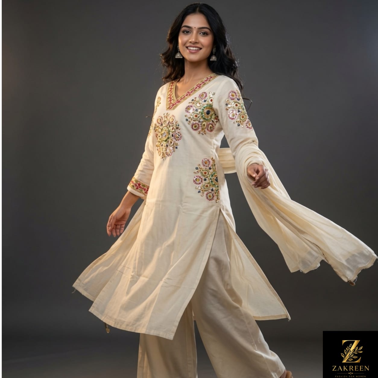 Zakreen Women's Off White Embroidered Kurta Palazzo with Dupatta Set | Elegant 3-Piece Ethnic Suit for Festive & Casual Wear