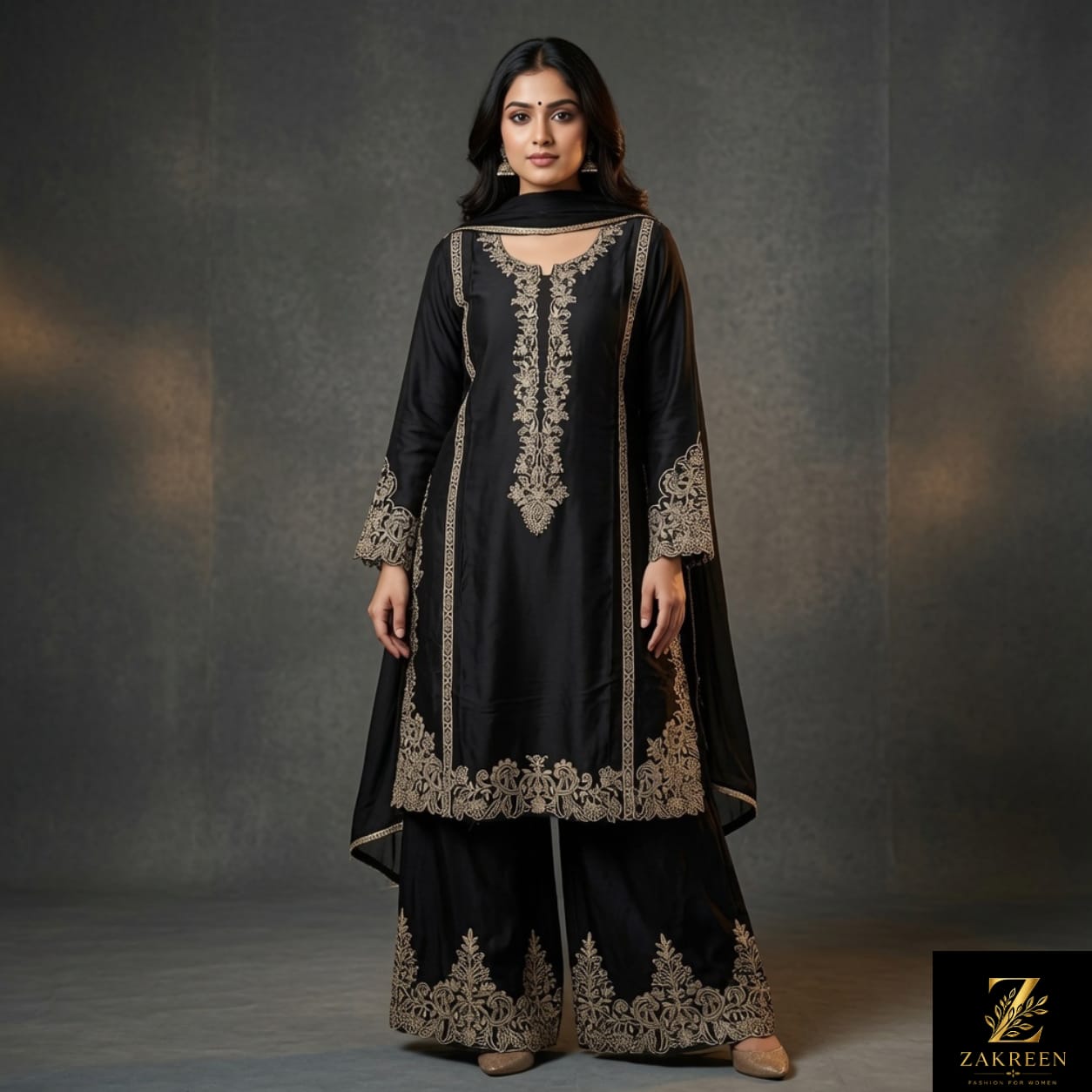 Zakreen Women's Black Embroidered Kurta Palazzo with Dupatta Set | Premium 3-Piece Ethnic Suit for Festive, Party & Wedding Wear