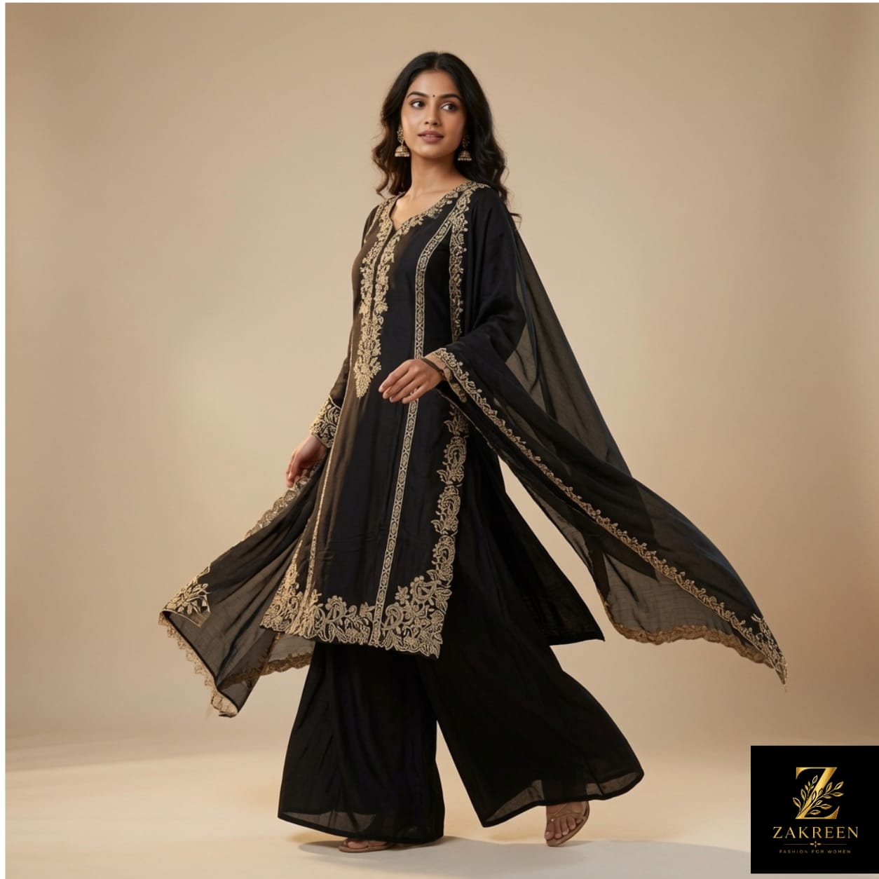 Zakreen Women's Black Embroidered Kurta Palazzo with Dupatta Set | Premium 3-Piece Ethnic Suit for Festive, Party & Wedding Wear